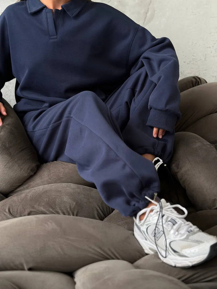 Women's Relaxed Polo Sweatshirt with V-Notch and Gathered Drawstring Jogging Pants Mune Fashion