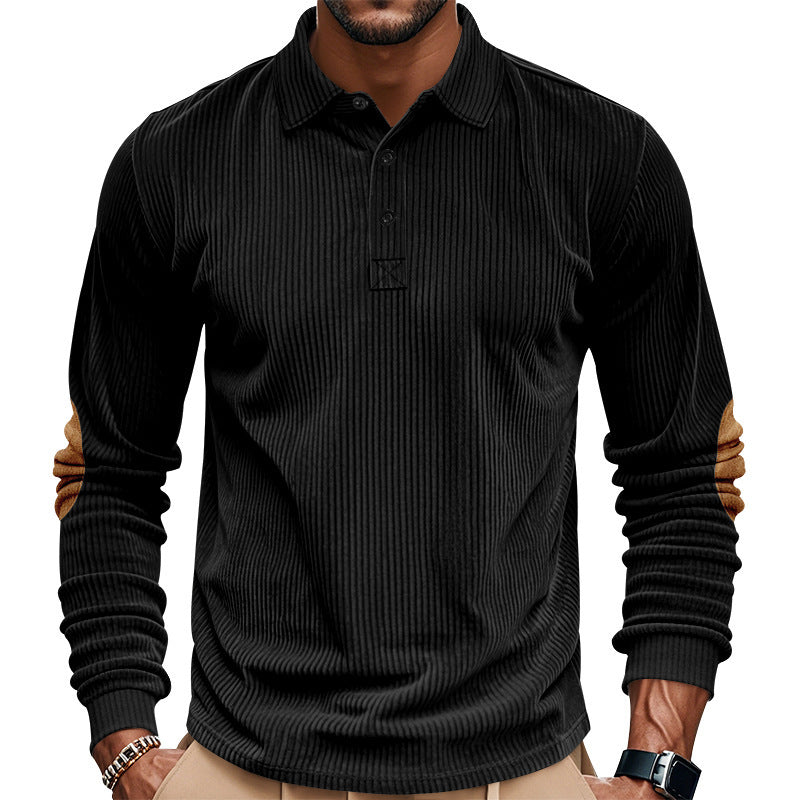 Men's heavy ribbed cotton polo sweater with Kent collar, triple button placket, and suede elbow patches Mune Fashion