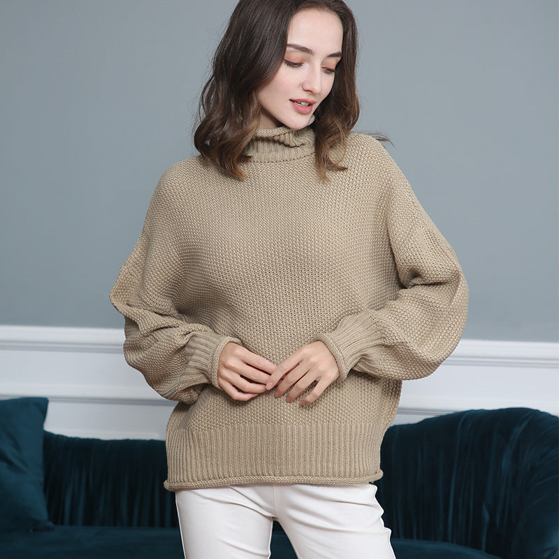 Women's Chunky Knit Turtleneck Sweater with Balloon Sleeves Mune Fashion