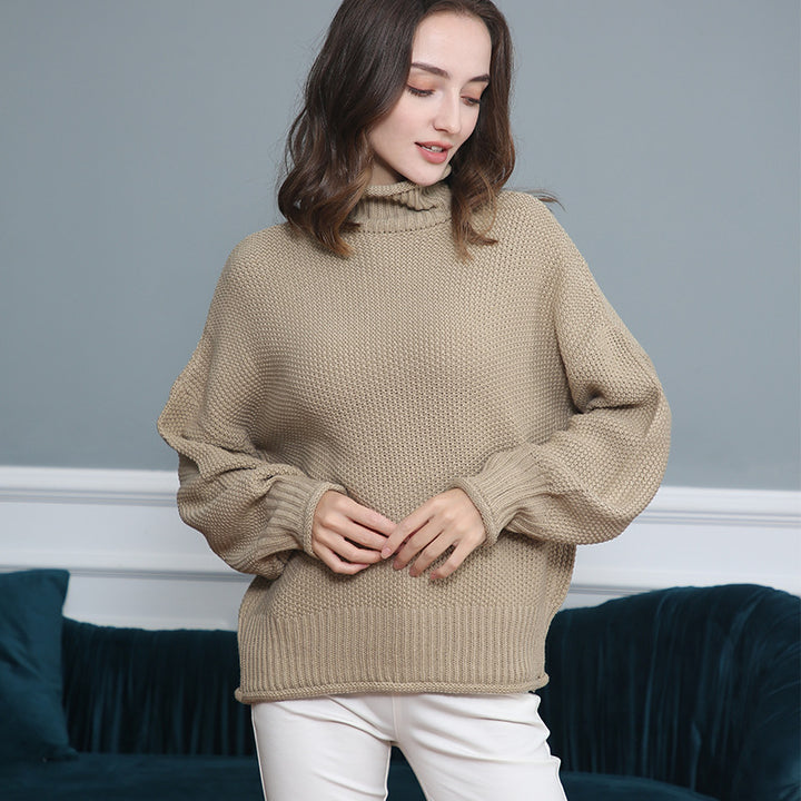 Women's Chunky Knit Turtleneck Sweater with Balloon Sleeves Mune Fashion