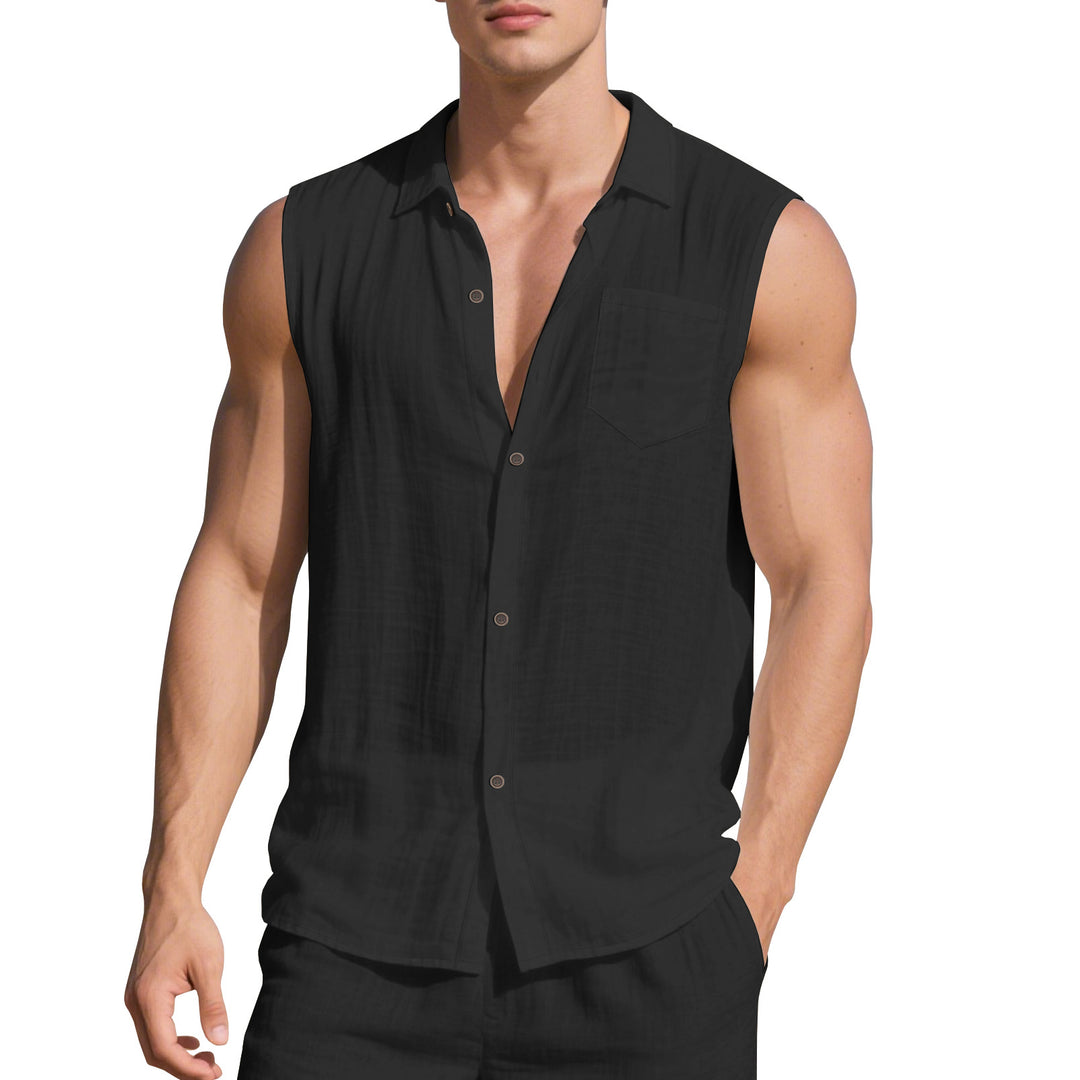 Men's sleeveless camp shirt with open button placket and drawstring waistband pants in linen look Mune Fashion