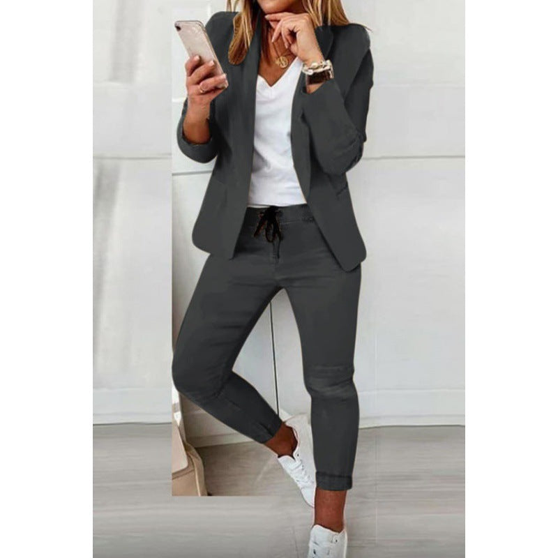 Women's Two-Piece Stretch Jersey Blazer Set with Drawstring Jogging Pants Mune Fashion