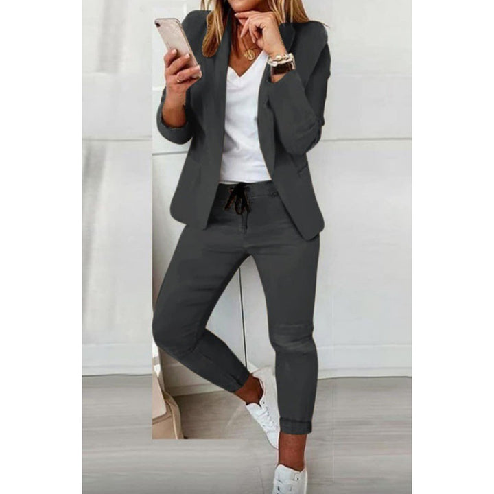 Women's Two-Piece Stretch Jersey Blazer Set with Drawstring Jogging Pants Mune Fashion