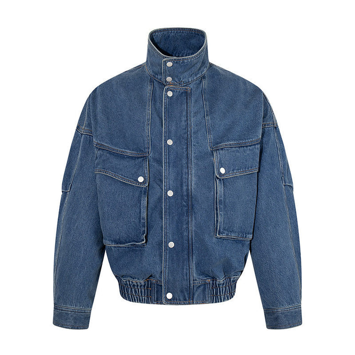 Women's Oversized Denim Jacket with Stand-up Collar, Press Stud Placket and Patch Cargo Pockets Mune Fashion