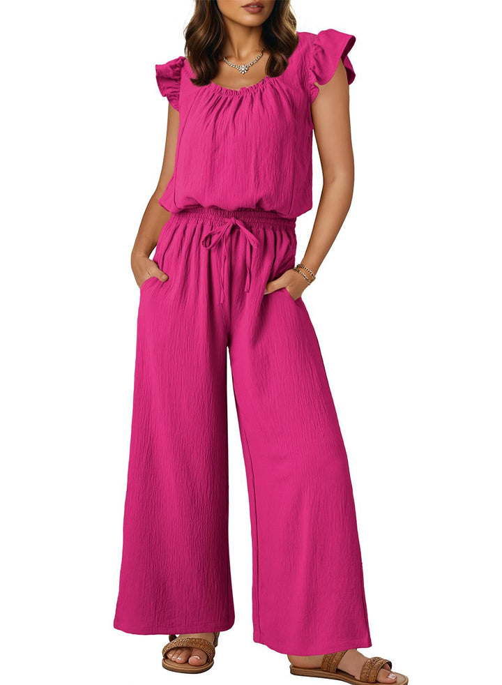 Women's Crinkle Jumpsuit with Wide Leg, Elastic Waistband, and Ruffled Sleeves Mune Fashion
