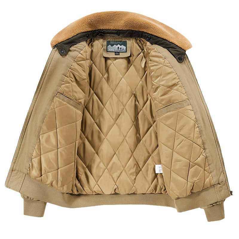 Men's retro pilot jacket in field style with faux fur collar, diamond-quilted lining, and multifunction pockets.