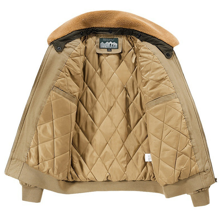 Men's retro pilot jacket in field style with faux fur collar, diamond-quilted lining, and multifunction pockets.