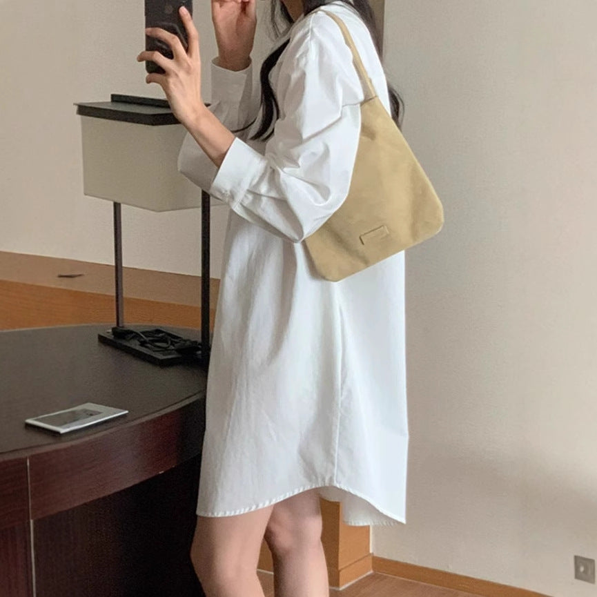 Women's Wide Cotton Shirt Dress with Stand Collar, Oversized Cut and Rounded Hem Mune Fashion