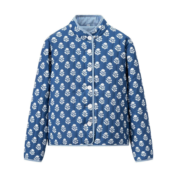 Women's Lightweight Printed Cotton Jacket with Stand Collar and Striped Cuffs Mune Fashion