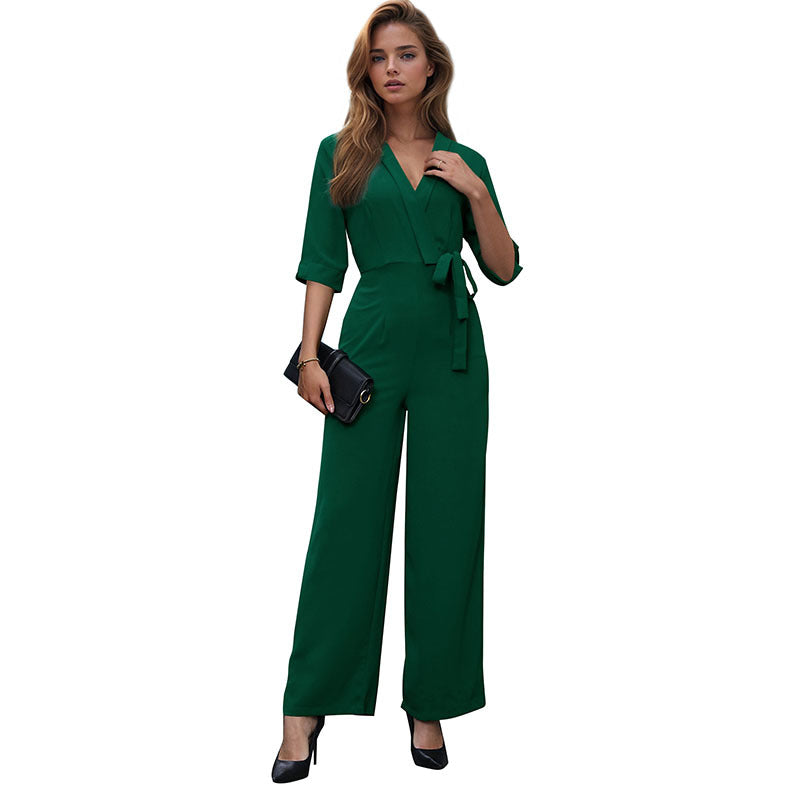 Women's Elegant V-Neck Jumpsuit with Waistband and Palazzo Leg Mune Fashion