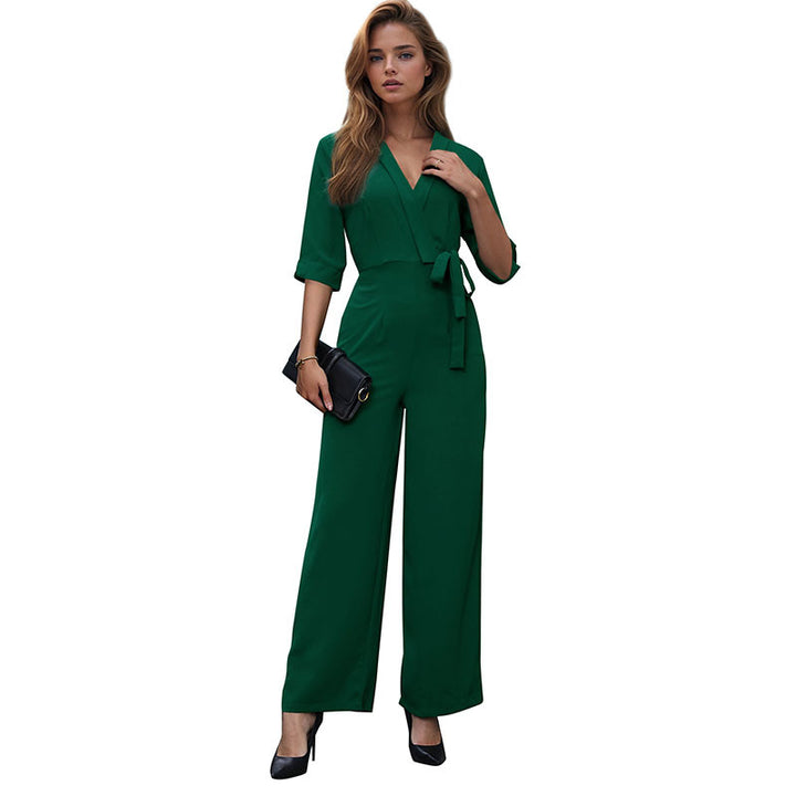 Women's Elegant V-Neck Jumpsuit with Waistband and Palazzo Leg Mune Fashion