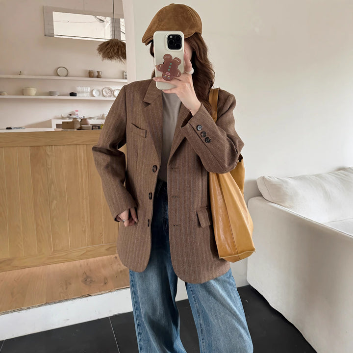 Women Oversize Tweed Blazer with Herringbone Pattern, Distinctive Shoulder Line and Flap Pockets Mune Fashion