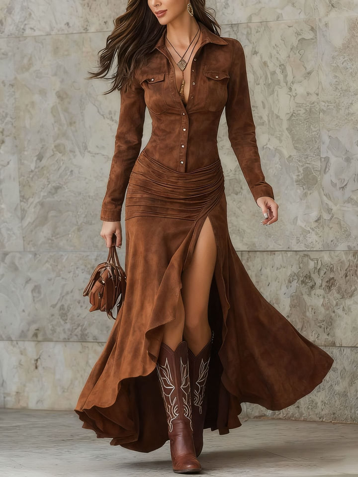 Women's Long Shirt Dress in Suede Look with Ruching, Asymmetrical Ruffle Hem and High Slit Mune Fashion