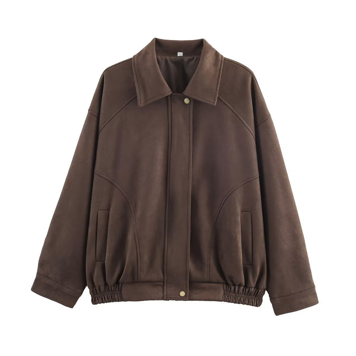 Women's oversized velvet bomber jacket with shirt collar, concealed snap button placket and elastic hem Mune Fashion