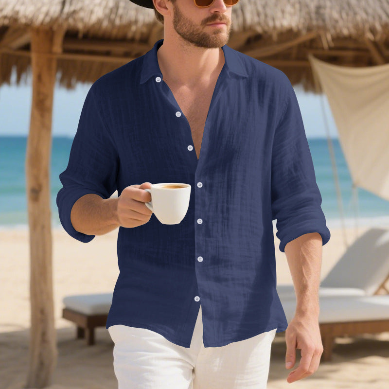 Men's casual linen shirt with open kent collar, rolled-up sleeves and rounded hem Mune Fashion