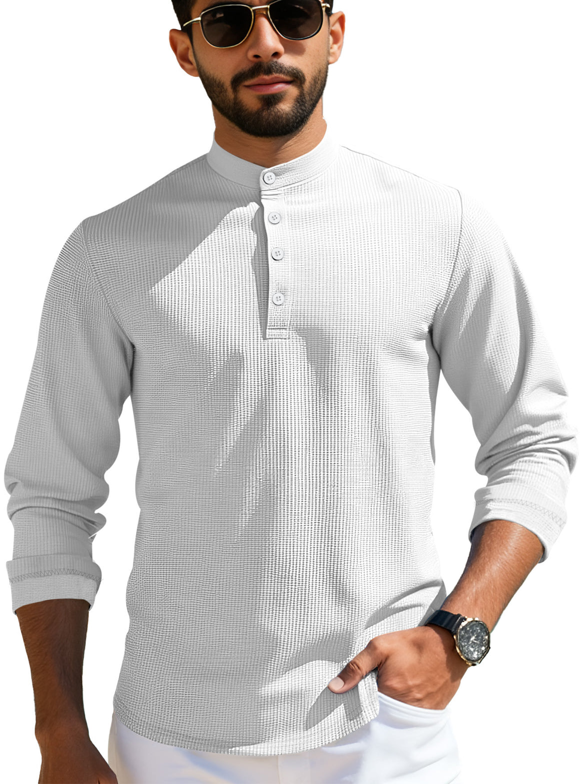 Men's structured long-sleeve henley with Nehru collar and tone-on-tone button placket Mune Fashion