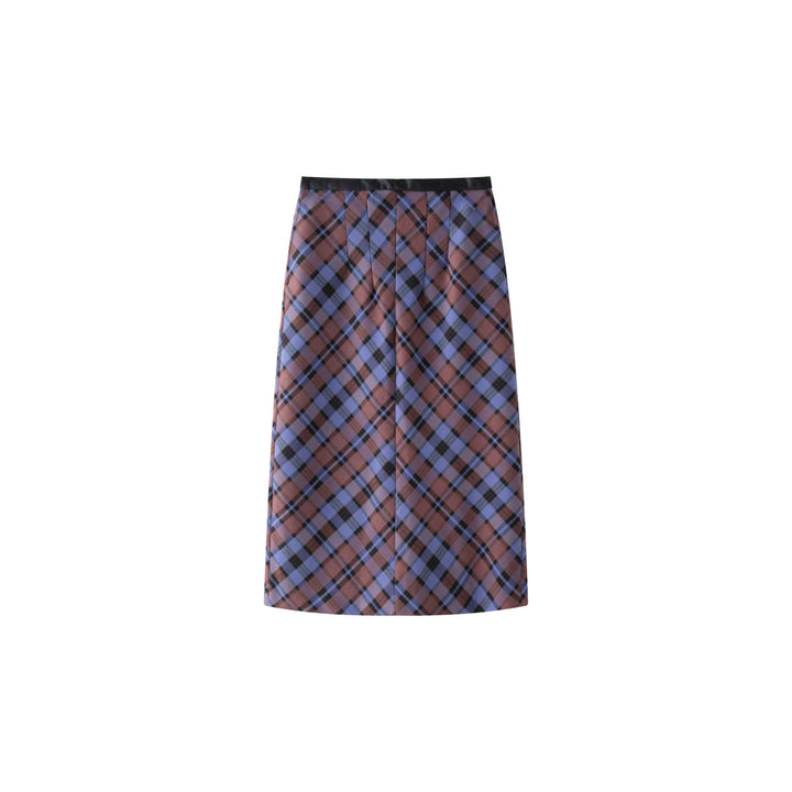 Women High-waisted Midi Skirt made of Wool Blend with Diagonal Check Structure and Front Slit Mune Fashion