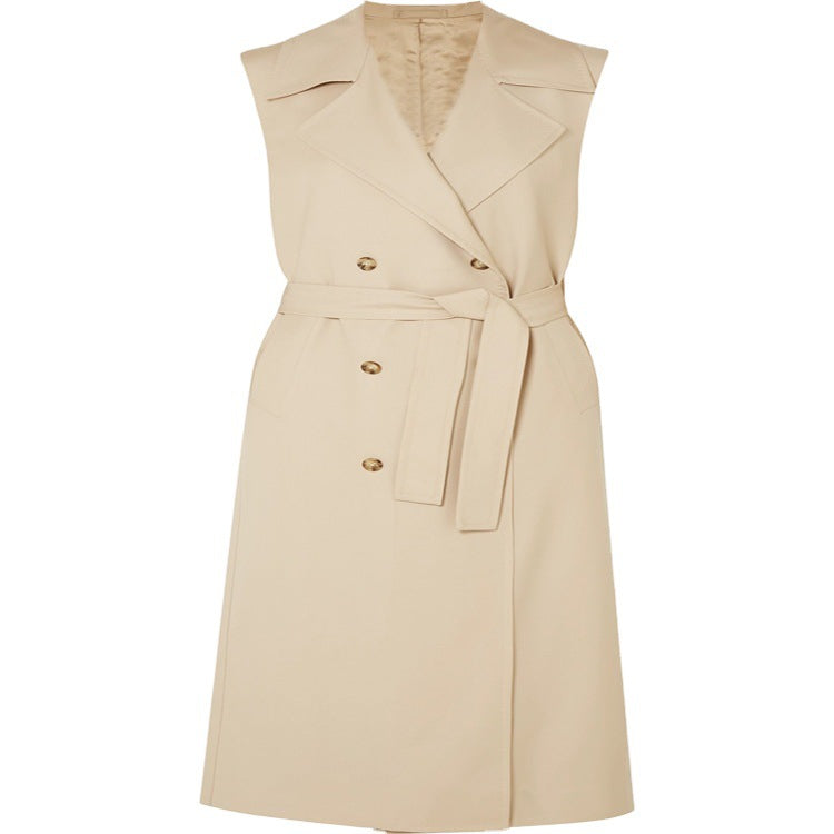 Women's sleeveless wrap trench coat made of cotton blend with double-breasted button placket and waist belt Mune Fashion