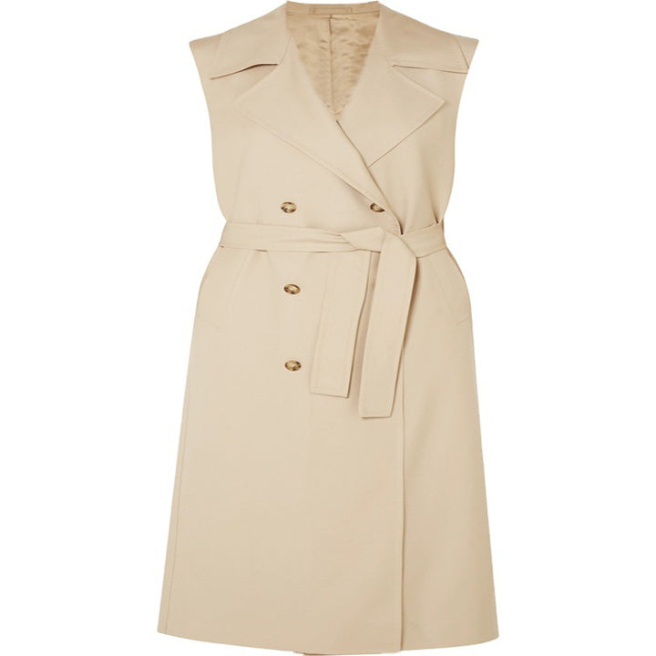 Women's sleeveless wrap trench coat made of cotton blend with double-breasted button placket and waist belt Mune Fashion