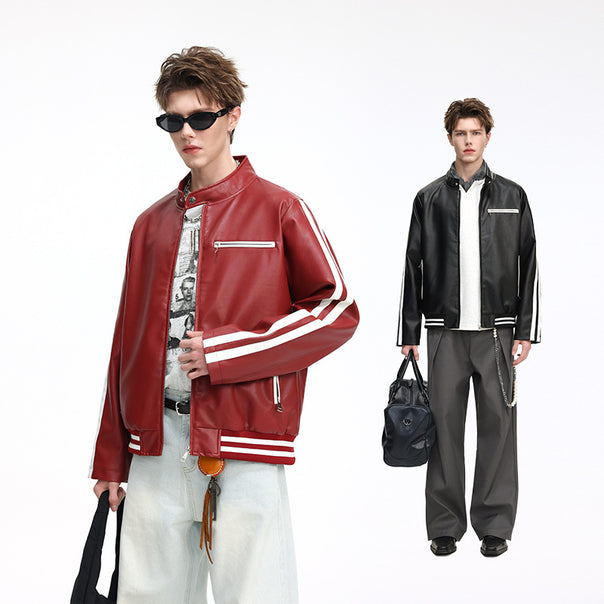 Men's Leather-like College Jacket with Contrast Stripes, Zipper Pockets, and Stand-up Collar Mune Fashion