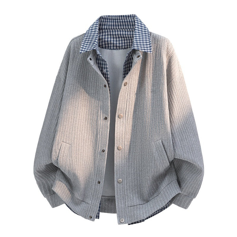 Men's casual knitted overshirt jacket with plaid shirt collar and snap button placket Mune Fashion