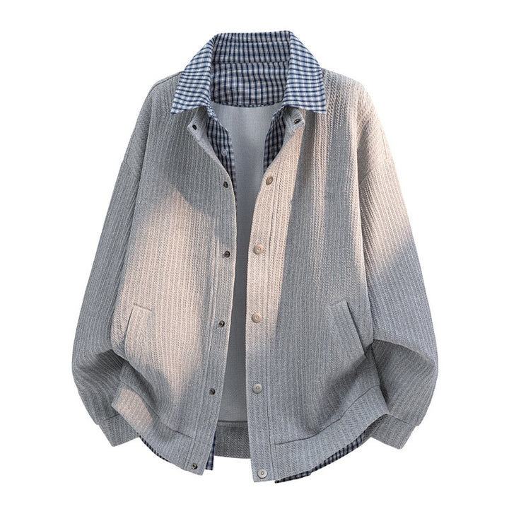 Men's casual knitted overshirt jacket with plaid shirt collar and snap button placket Mune Fashion