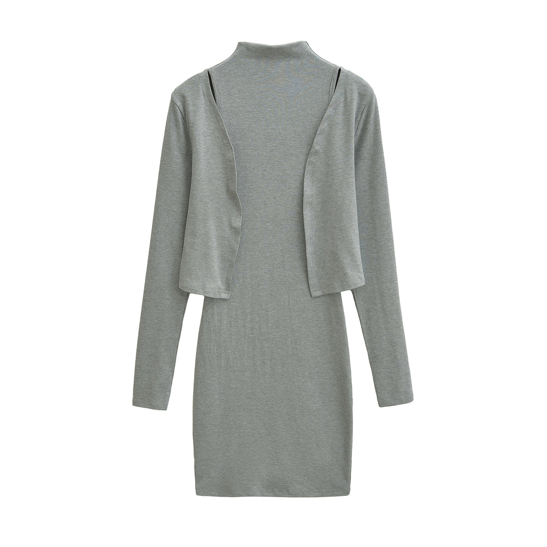 Ladies Figured Close-Fitting Midi Dress with Integrated Bolero and Stand-Up Collar Mune Fashion