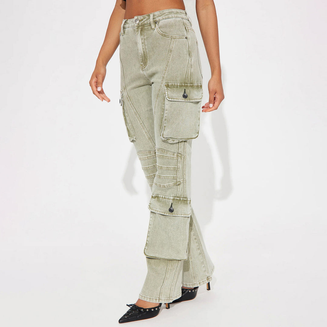 Women's High-Waist Cargo Denim Pants with Wide Leg, Multiple Pockets and Used Details Mune Fashion