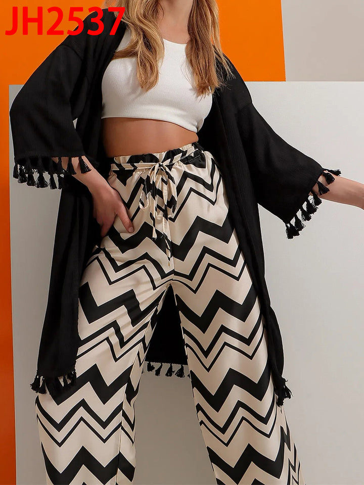 Women's Wide Satin Pants with Zigzag Print, High Elastic Waistband and Tie Belt Mune Fashion