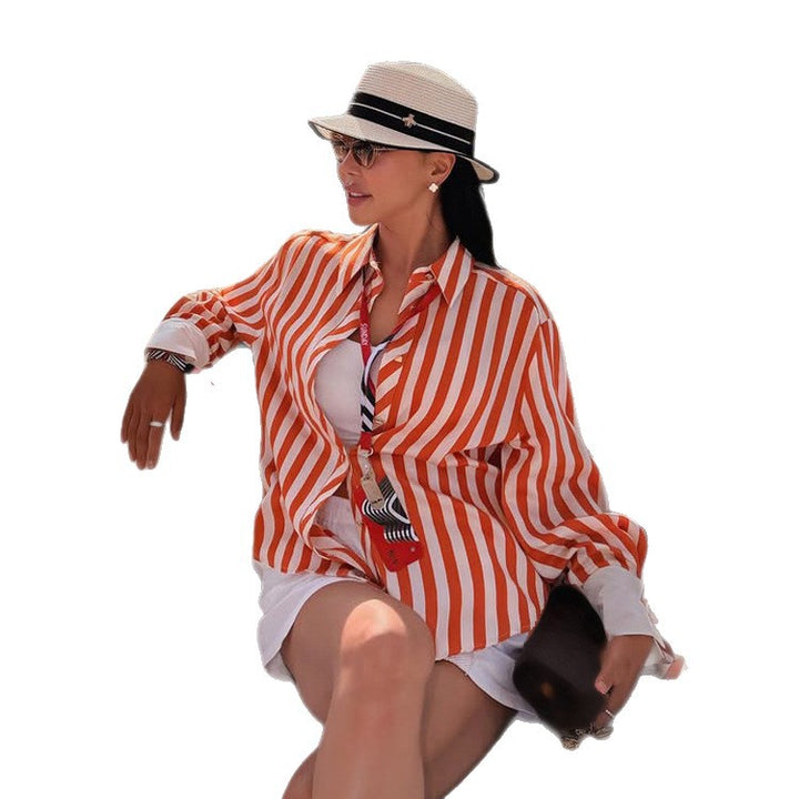 Women Striped Oversized Shirt Blouse with Contrasting Cuffs & Knot Finishes Mune Fashion