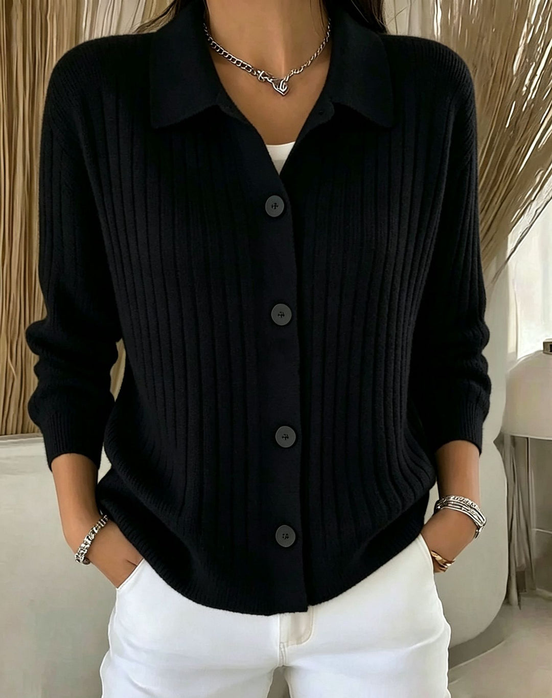 Women's Fine Ribbed Button Cardigan with Shirt Collar and Boxy Silhouette Mune Fashion
