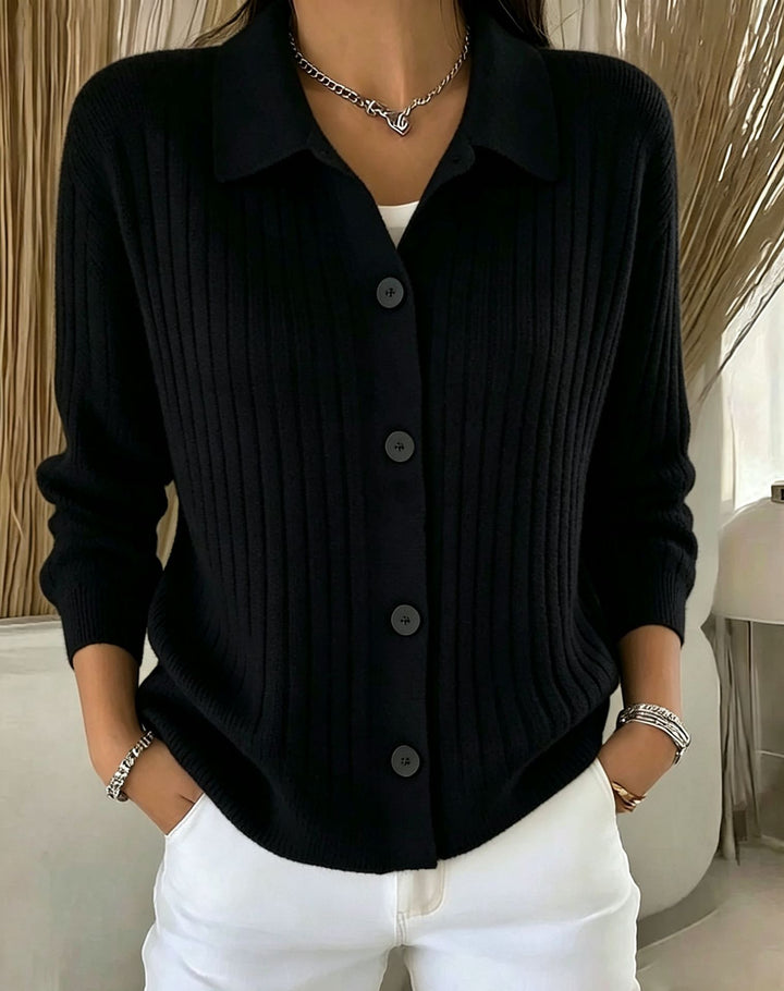 Women's Fine Ribbed Button Cardigan with Shirt Collar and Boxy Silhouette Mune Fashion