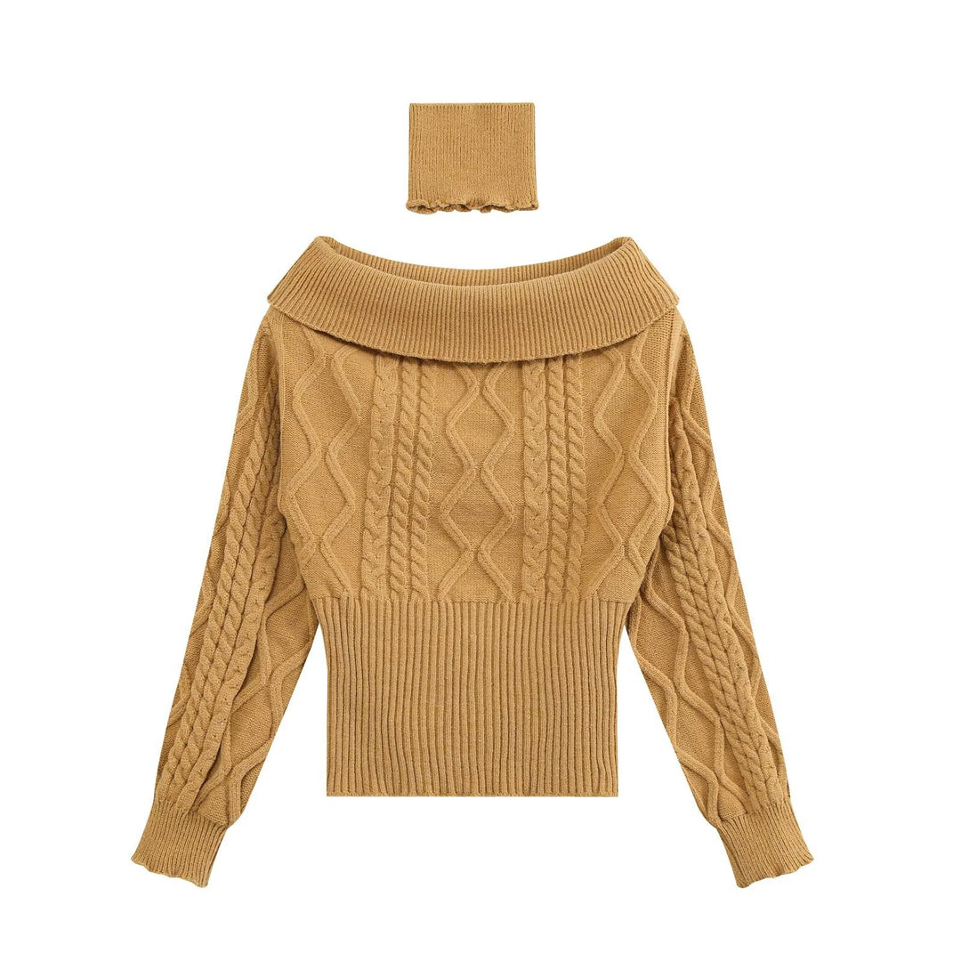 Women Off-Shoulder Cable Knit Sweater with Wide Folded Collar Drune