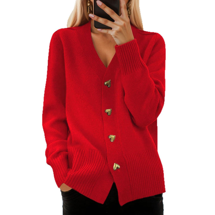 Women's loose knit cardigan with heart buttons and ribbed hem Mune Fashion