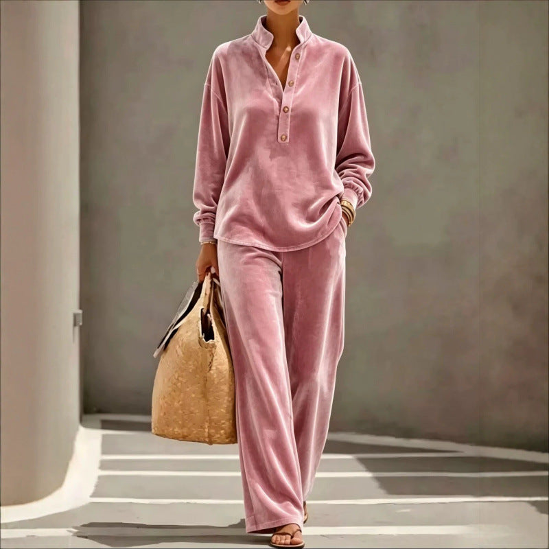 Ladies Velour Loungewear Set with Stand Collar Henley Top and Wide Palazzo Pants Mune Fashion