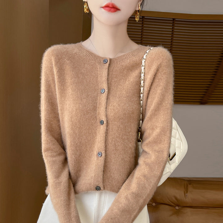 Ladies Cozy Short Cardigan made of Mohair Mix with fine virgin wool texture and mother-of-pearl button placket Mune Fashion