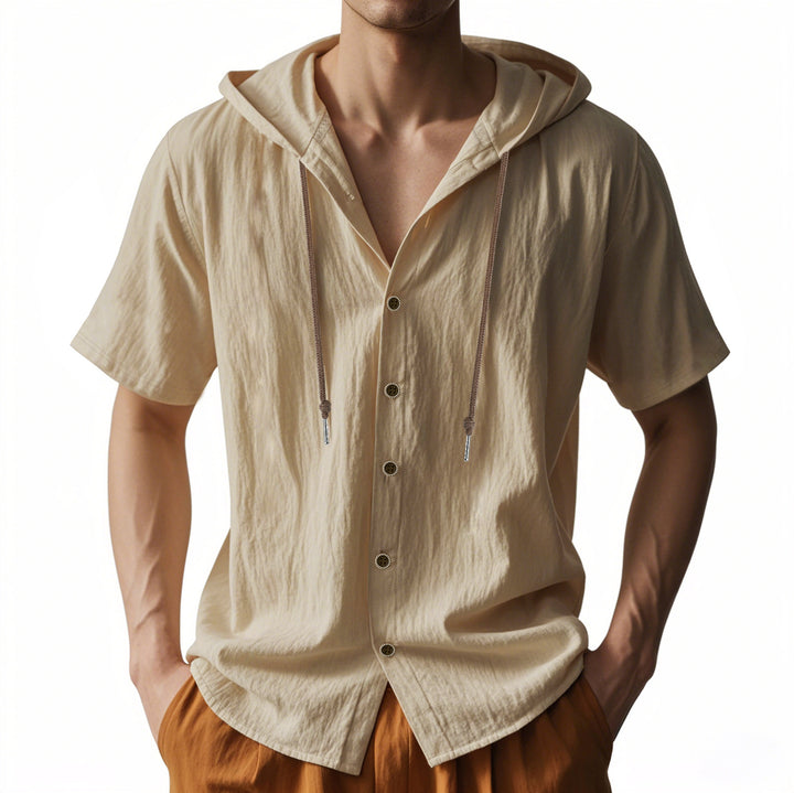 Men's breathable short sleeve hoodie made of linen blend with wooden button placket and drawstring Mune Fashion
