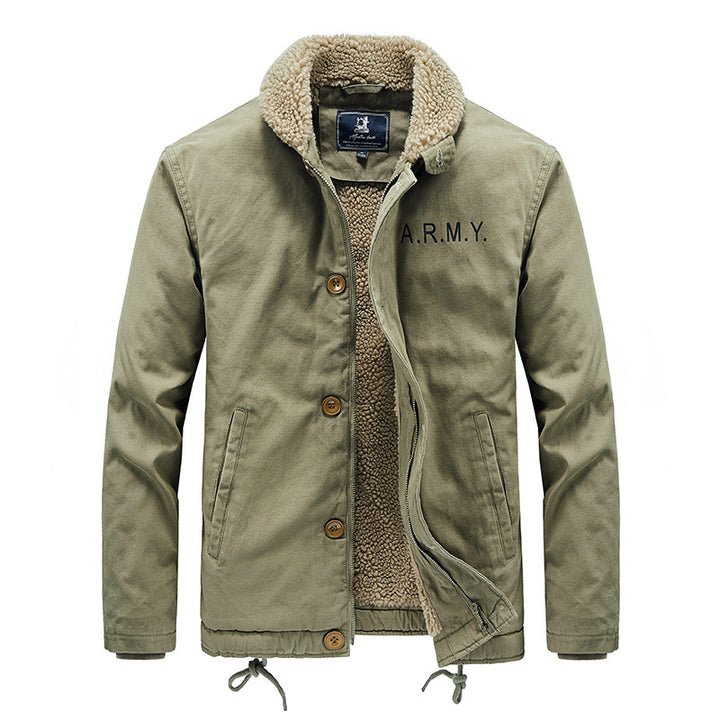Men's padded field jacket with teddy lining, concealed two-way zipper and drawstring hem.