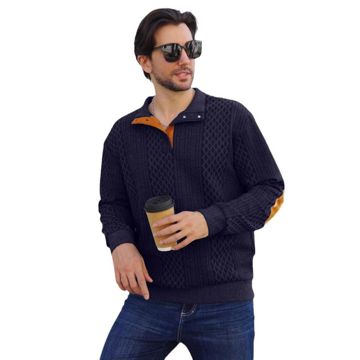 Men's structured Henley pullover with stand-up collar, button placket and leather-look elbow patches Mune Fashion