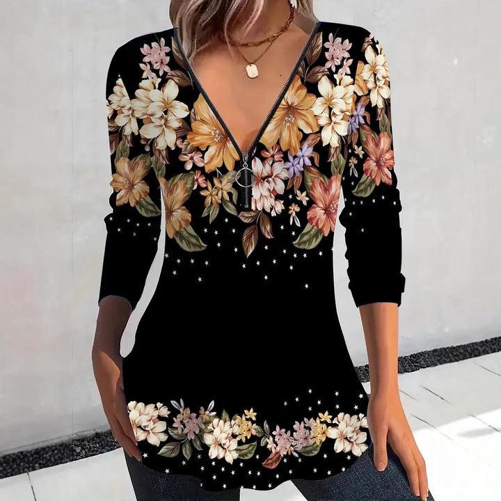 Women's Long Sleeve Shirt with Zipper and Floral Pattern Mune
