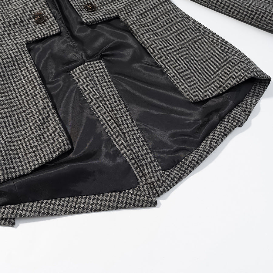 Women's Double-Breasted Houndstooth Blazer with Asymmetrical Tail Hem Mune Fashion