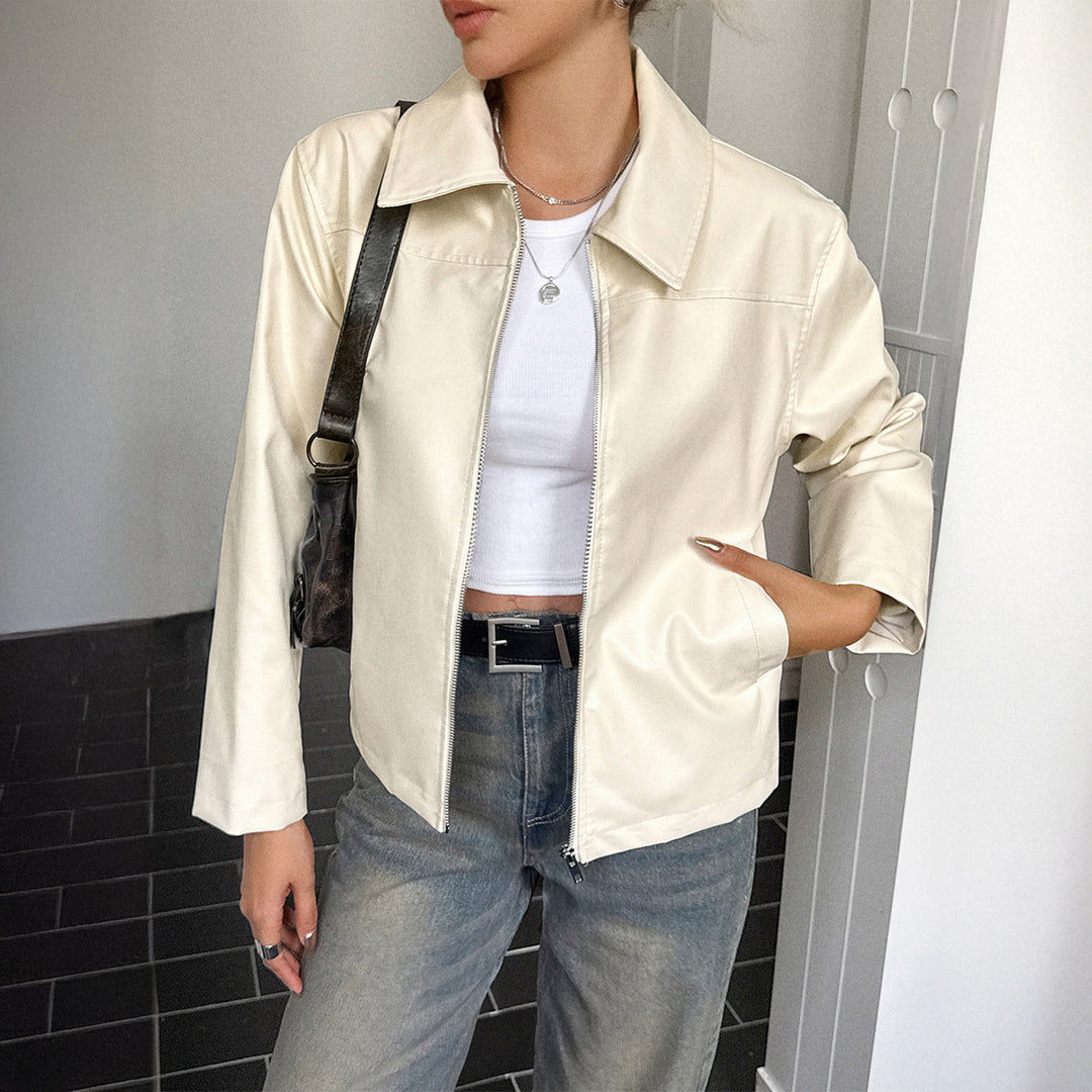 Women's elegant faux leather jacket with zipper, shirt collar and welt pockets Mune Fashion