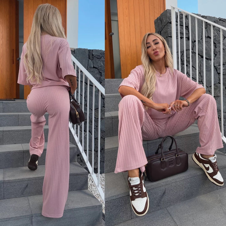 Women Fine Ribbed Two-Piece with Relaxed Crewneck and Flared Palazzo Pants Mune Fashion