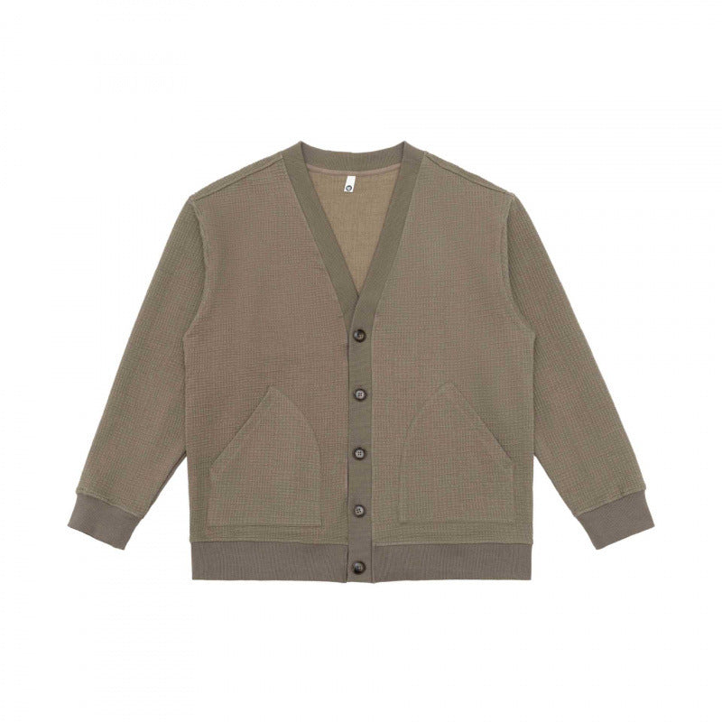 Unisex Oversized Waffle Knit Cardigan with V-Neck, Button Placket and Patch Pockets Mune Fashion