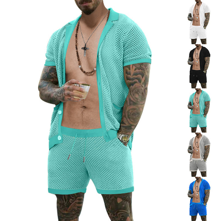 Men's open mesh knit cardigan with matching drawstring shorts Mune Fashion