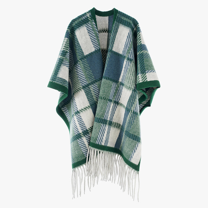 Women's Oversized Wool Blend Poncho with Check Pattern and Fringed Hem Mune Fashion