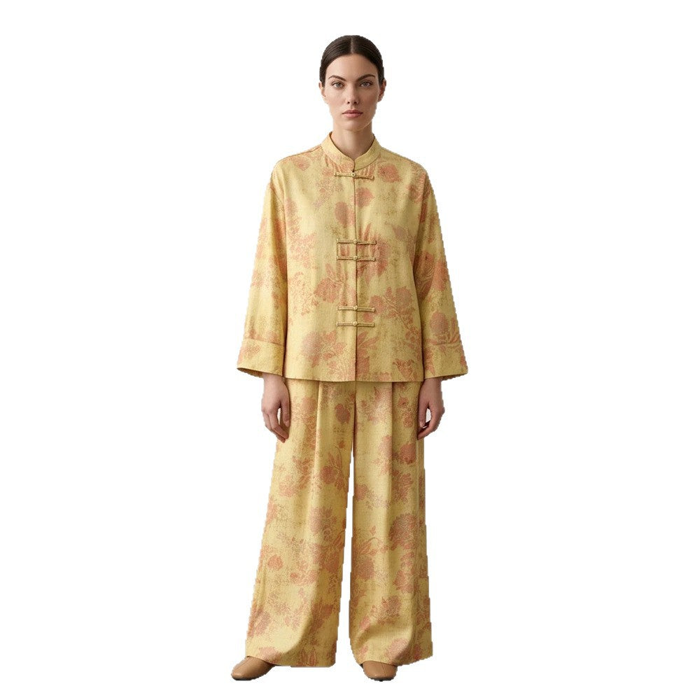 Womens Two-Piece Jacquard Set with Mandarin Collar and Wide Cut Trousers Mune Fashion
