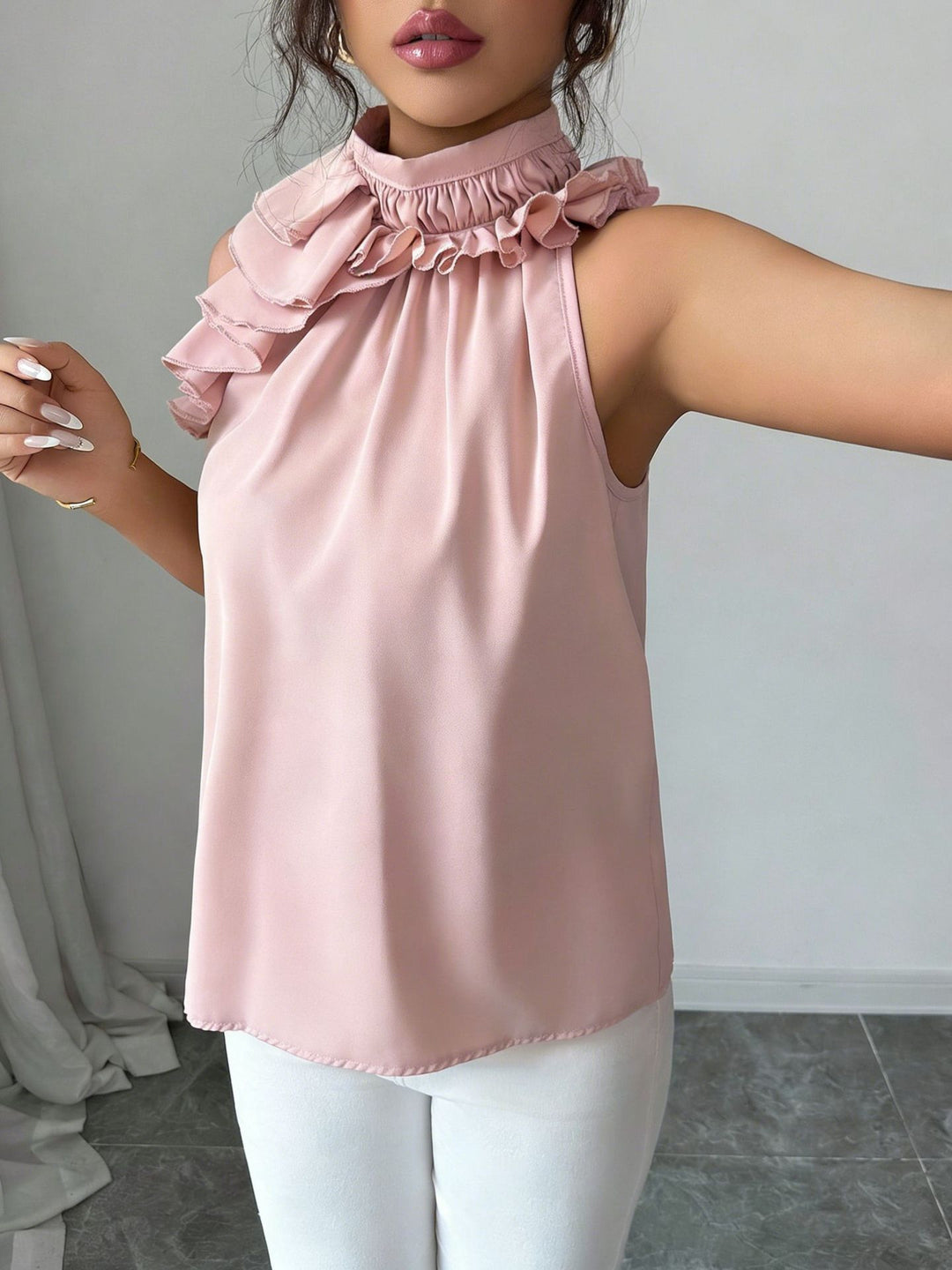 Women's High-Neck Chiffon Top with Ruffled Collar and Asymmetrical Flounce Mune Fashion