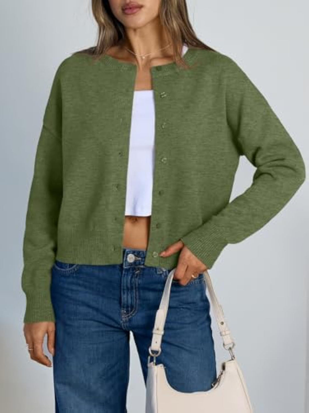 Women's Cropped Cardigan in Boxy Cut with Round Neck and Ribbed Cuffs Drune