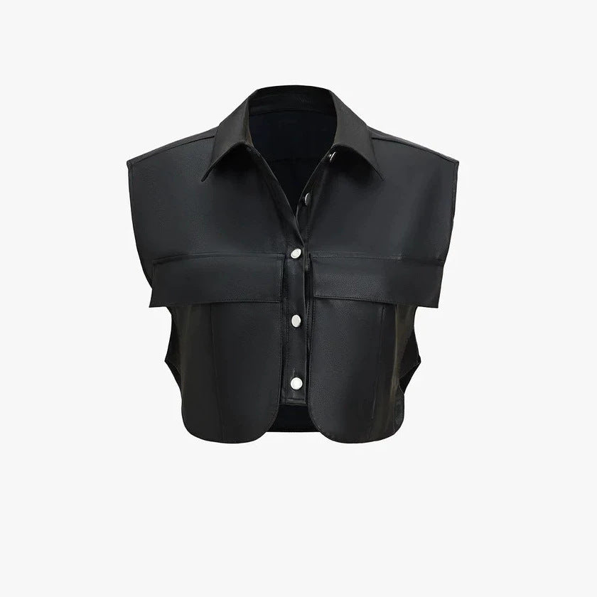 Women Short Sleeveless Faux Leather Vest with Oversized Shoulders Mune Fashion